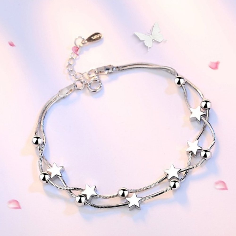 Sterling Silver Double Layer Star Bead Bracelet - Picture 1 of 5